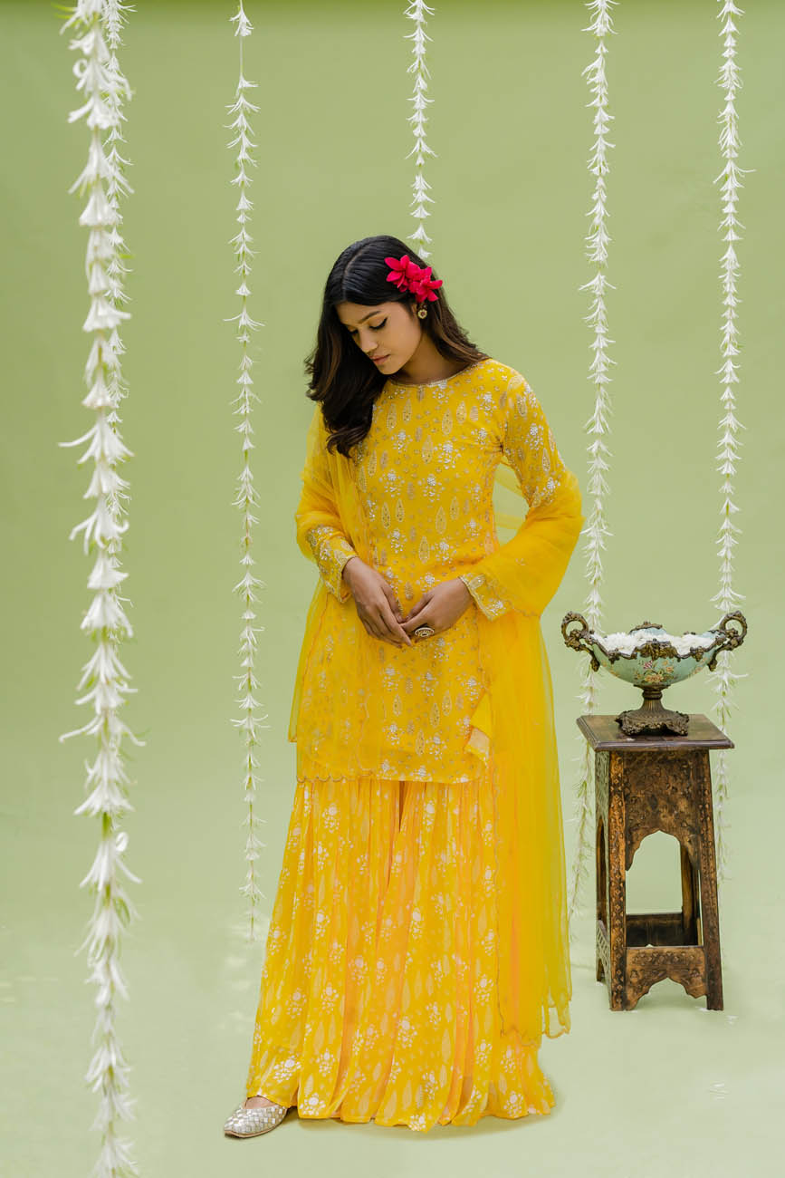 Printed Embroidered Sunny Yellow Sharara Suit